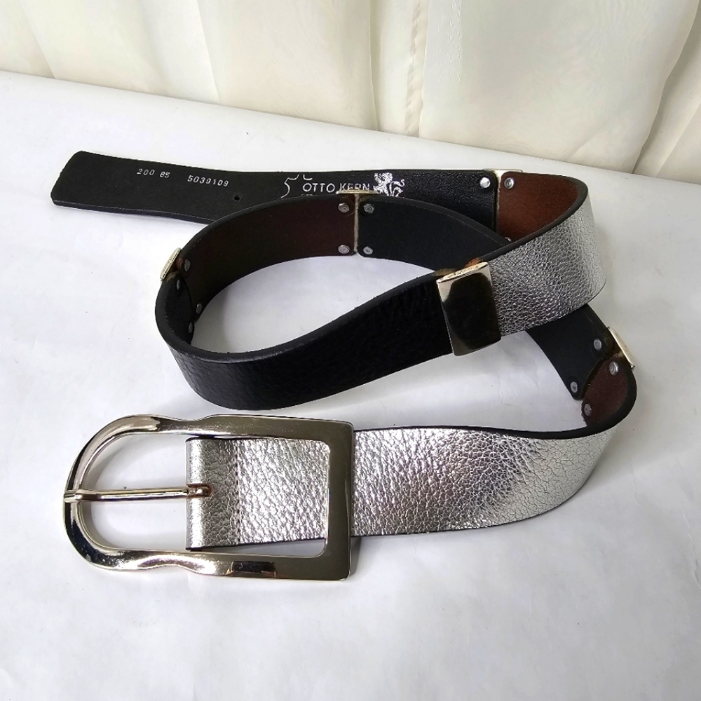 Otto Kern Silver, Black & Metal Leather Belt Large Silver Buckle